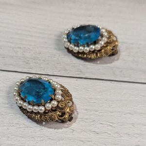 Vintage Gold Tone Clip On Earrings Blue Glass  Faux Pearl Ornate Estate Retro